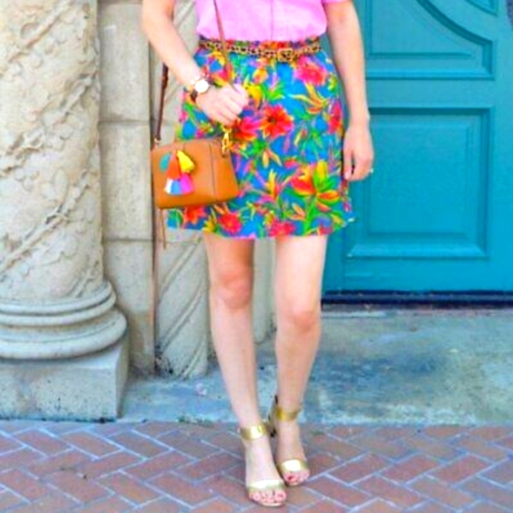 J. Crew Tropical Printed Linen Sidewalk Mini Skirt Blue/Pink size 12